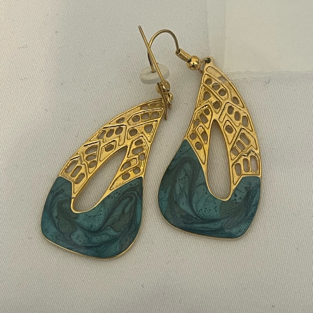 EDGAR BEREBI Gold Tone Green Turquoise Teal Enamel Drop Dangle Earrings